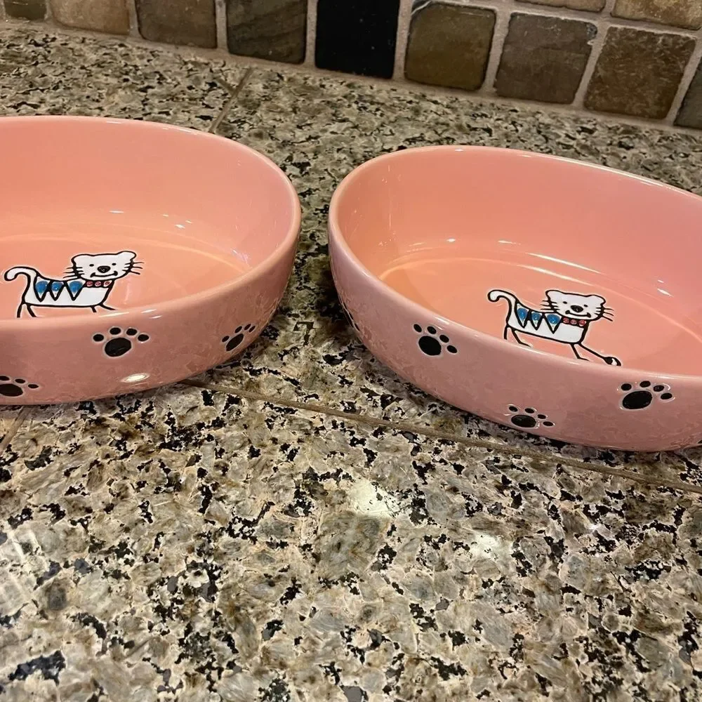 Pet Rageous Adorable Peach Ceramic Cat Bowls set of 2